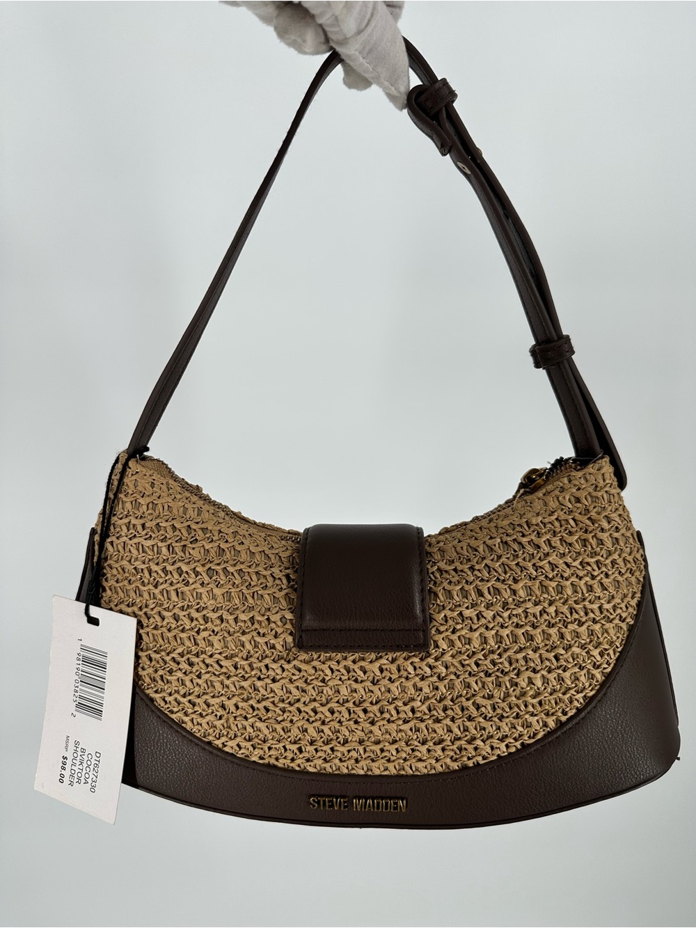 STEVE MADDEN Woven Crescent Raffia Boho Natural Brown Shoulder Crossbody Bag NWT - Picture 11 of 14
